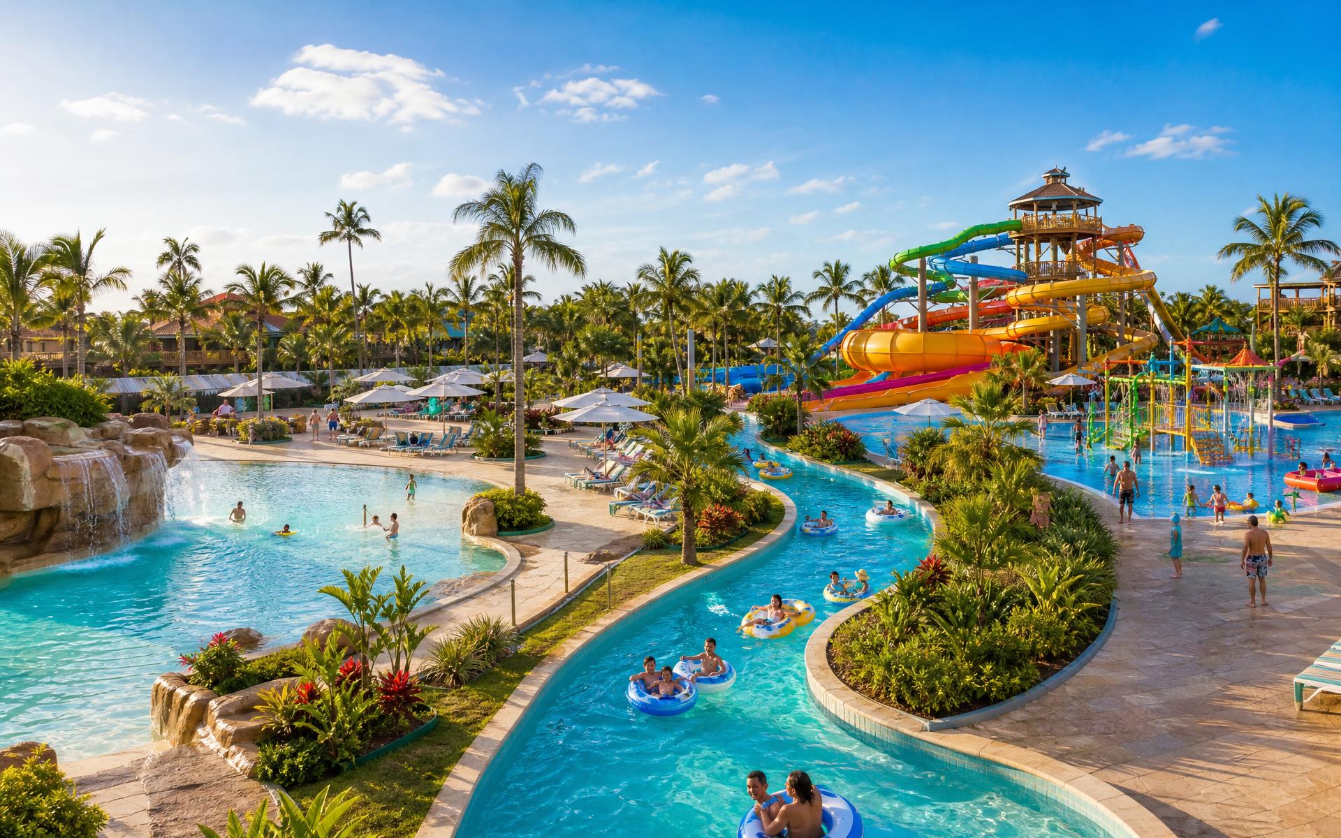 Parque aquático de resort com piscinas e toboáguas